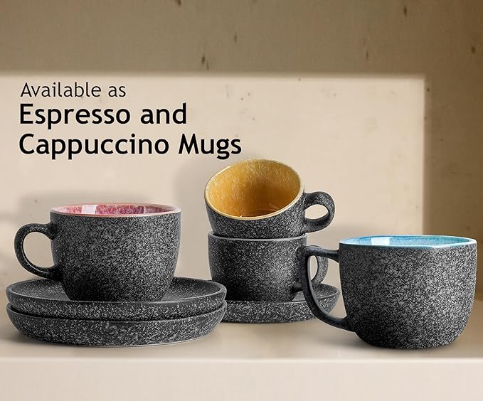 MIAMIO – 6.4 Ounce Ceramic Stackable Cappuccino Cup with Saucers and Metal Stand – Set of 6 Stoneware Cappuccino Mug Set for Specialty Coffee Drinks, Americano, Latte – Las Palmitas Collection
