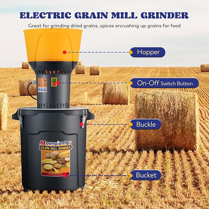 Moongiantgo Grain Mill Grinder Electric Corn Grinder 1300W Feed Mill Dry Cereals Grinder Detachable 13.2 Gal Bucket & Hopper, with 5 Sieves + 1 Socket Wrench, Molino de Maiz, 110V (50L)
