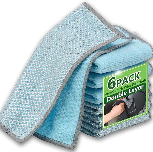 6Pack Double-Side Non-Scratch Wire Dishcloth, Upgrade Wire Mesh Cleaning Cloths, Soft Multipurpose Wire Dishwashing Rags,Quick Dry,Lint Free for Home/Kitchen(7.87''x7.87'') - Blue