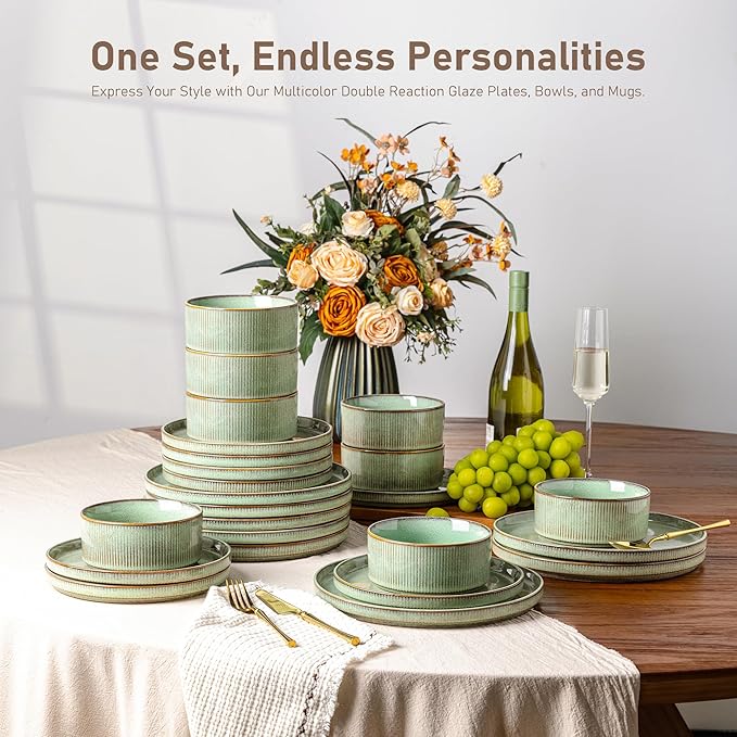 GBHOME Stoneware Dinnerware Sets for 4,Round Reactive Glaze Ceramic Plates and Bowls Set,Highly Scratch Resistant | Dishwasher & Microwave Safe Dishes Set,Service for 4(12Pcs),Pastel Green