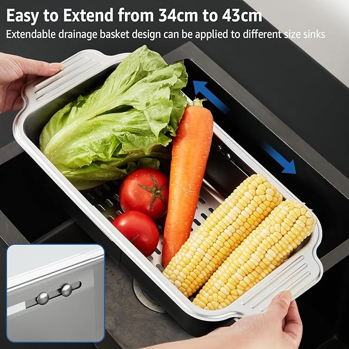 pollock 4 In 1 Collapsible Sink Colander for Kitchen Food Grade 304 Stainless Steel Over the Strainer Extend Drain Basket Washing Vegetable Fruits,Dishes