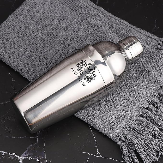 Custom Name Cocktail Shaker Set 24 oz - Personalized Stainless Steel Martini Shaker with Strainer & Measurements - Bar Shaker Gift for Bartenders & Cocktail Enthusiasts