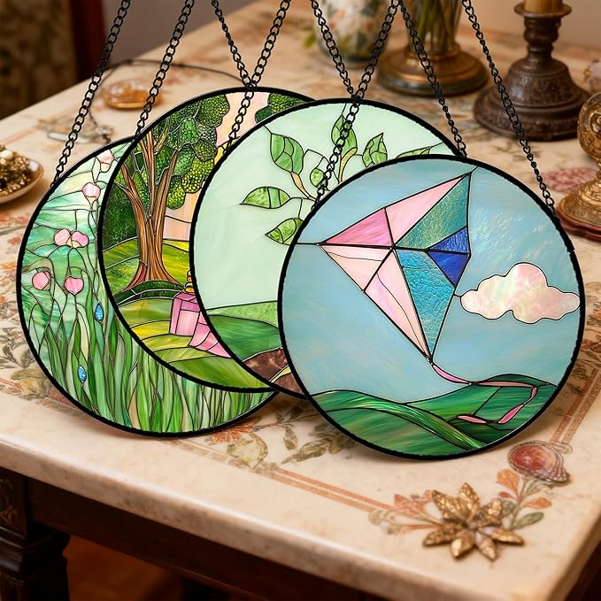 Stained Glass Window Hanging 4 Pcs Set Pink Green Spring Saplings Flowers 9.8" - Suncatcher Door Garden Sun Catcher Home Decor Mother's Day for Woman Nana Mom Men