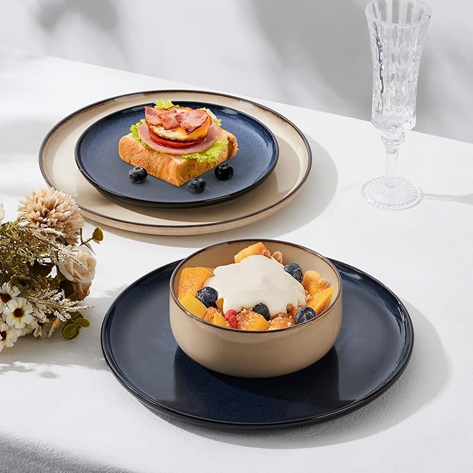 Herogo 12 Pieces Stoneware Dinnerware Dishes Sets for 4, Kitchen Dining Plates and Bowls Sets, Double Reactive Glaze, Microwave & Dishwasher Safe, Scratch Resistant, Starry Blue & Cream Khaki
