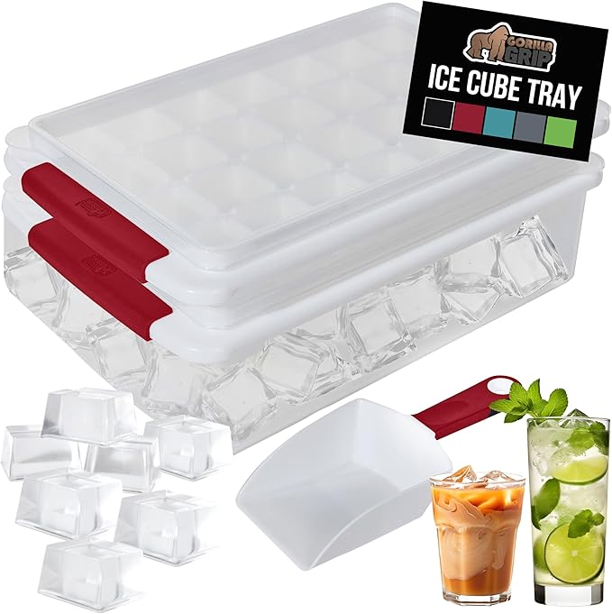 GORILLA GRIP BPA-Free Easy Release Stackable Ice Cube Tray for Freezer, Set Makes 56 Cubes for Cocktail Drinks, Coffee, Bucket Kit Includes 2 Leakproof Trays with Lid and Scooper, Kitchen Tool, Red