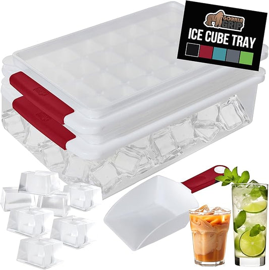 GORILLA GRIP BPA-Free Easy Release Stackable Ice Cube Tray for Freezer, Set Makes 56 Cubes for Cocktail Drinks, Coffee, Bucket Kit Includes 2 Leakproof Trays with Lid and Scooper, Kitchen Tool, Red
