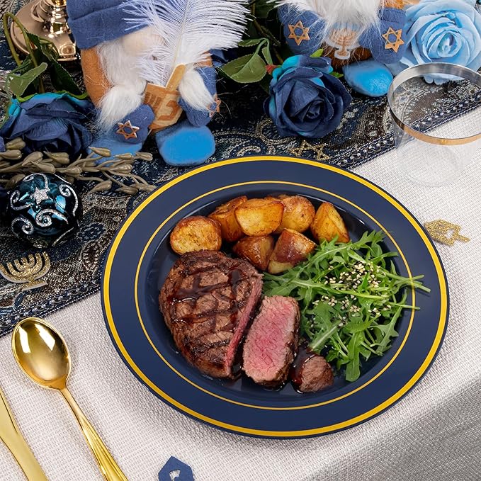 175PCS Blue and Gold Plastic Plates - Navy Blue Plates with Pre Rolled Napkins for Party - 25Guest Disposable Dinnerware Sets for Hanukkah/Party/Hanukkah/Wedding