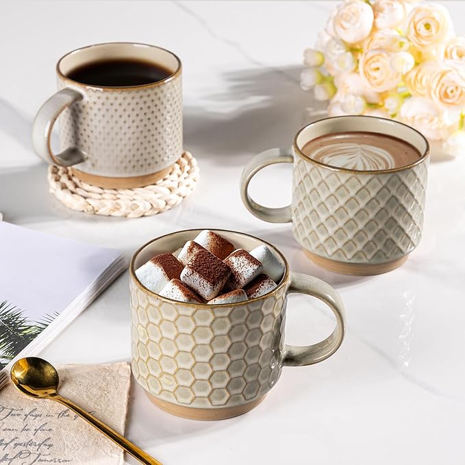 GBHOME 12OZ Stackable Coffee Mugs with Stand, Ceramic Coffee Mugs with Texture Patterns for Man,Woman,Dad,Mom, Modern Coffee Cups Set of 4 for Latte/Cappuccino/Cocoa. Dishwasher&Microwave Safe