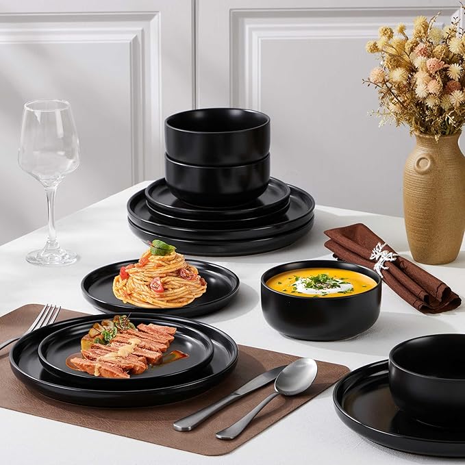 Herogo 24 Pieces Stoneware Dinnerware Set Service for 8, Dinner Plates and Bowls Sets, Double Reactive Glaze Dishes Set for Kitchen, Scratch Resistant, Microwave & Dishwasher Safe, Matte Black