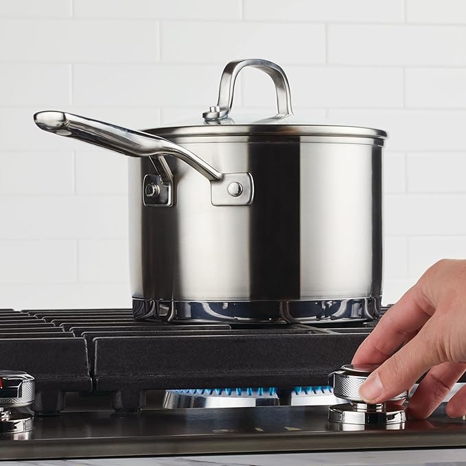 KitchenAid 3-Ply Base Brushed Stainless Steel Sauce Pan/Saucepan with Lid, 3 Quart - Brushed Stainless Steel