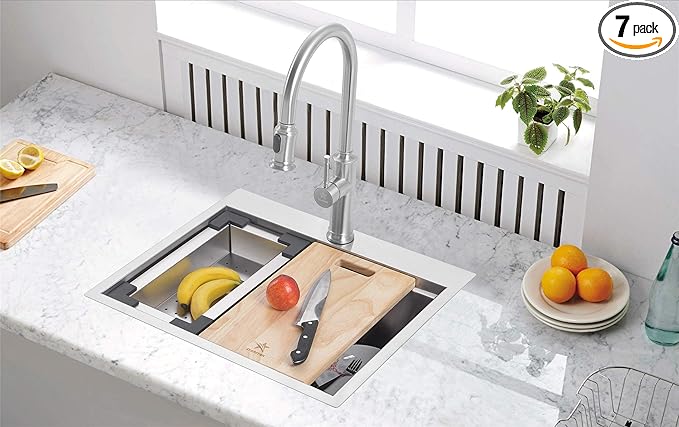 STARSTAR Workstation Ledge Topmount/Drop-in Single Bowl 304 Stainless Steel Kitchen/Yard/Bar/Laundry/Office Sink, With Grid, Colander, Cutting Board, Strainer (21 x 20 x 10-Black Colander)