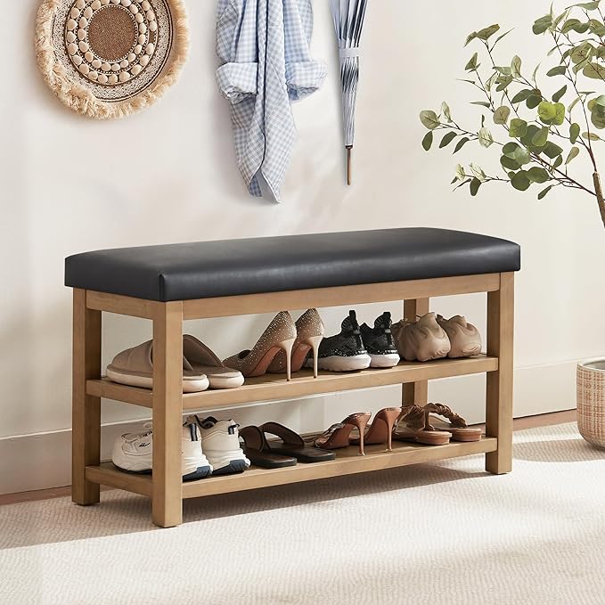 Shoe Rack Bench with Leather Cushion, 2 Tier Solid Wood Storage Bench, Mid-Century Modern Shoe Bench for Entryway, Hallway, Closet, Front Door Entrance, Foyer (Black, 39.4")