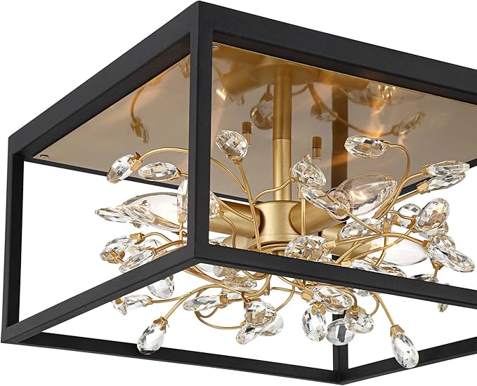 Possini Euro Design Carrine Modern Ceiling Light Flush-Mount Fixture 14 1/4" Wide Black Metal Gold Branches 4-Light Clear Crystal Buds for Bedroom Kitchen Living Room Hallway Bathroom House Home
