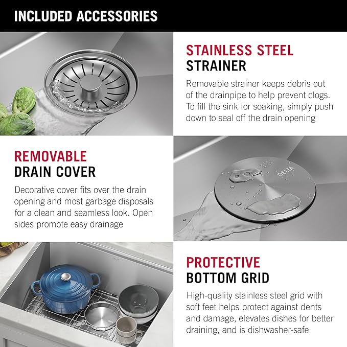 DELTA FAUCET Rivet 23-inch Workstation Kitchen Sink Undermount 16 Gauge Stainless Steel Single Bowl with WorkFlow Ledge and Kit of 5 Accessories, 95B9031-23S-SS