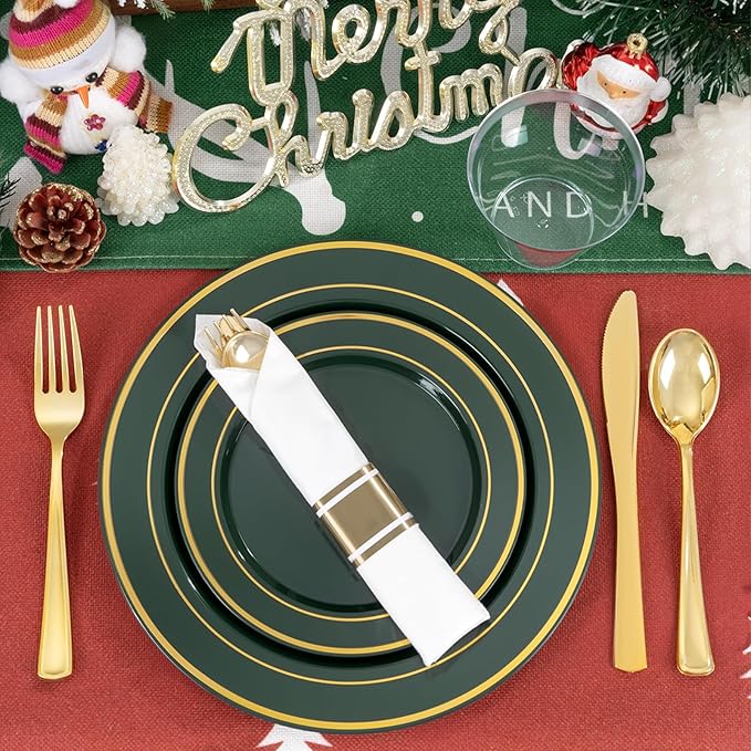 350PCS Green and Gold Plates - Green Plastic Plates 50Guests Plastic Christmas Plate with Rolled Napkins for Party/Christmas/Birthday