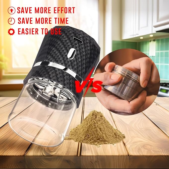 Electric Grinder Automatic Mini Size Spice Crusher with 2PCS Glass Jar of 1.7oz/50ml Rechargeable (not for grinding nut & coffee bean), Carbon Fiber Pattern