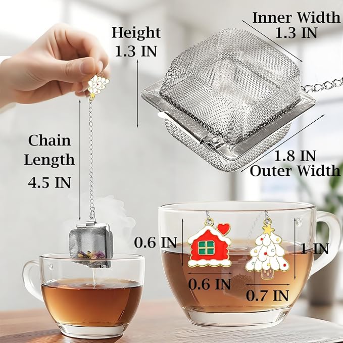 Christmas Themed Tea Infuser Set, 2 PCS Cubic Tea Strainers for Loose Leaf Tea, Reusable Stainless Steel Mesh Tea Ball, Tea Steeper with Christmas Tree and Love House Pendant