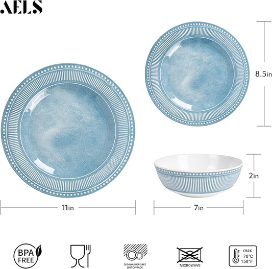 AELS Melamine Dinnerware Set of 18 Pcs, Dinner Dishes Set for Indoor and Outdoor Use, Melamine Plates and Bowls Set for 6, Dishwasher Safe, Lightweight Unbreakable, BPA Free, Blue