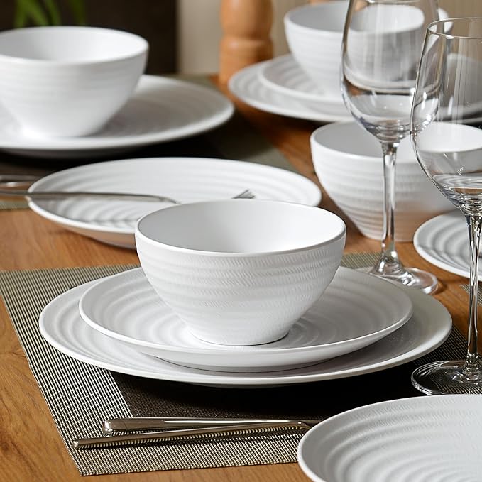 White Melamine Dinnerware Sets,12PCs Anti-scratch Dishes Set, Lightweight and Non breakable Dinnerware,Suit for Indoor and Outdoor Use, Dishwasher Safe,BPA free (Classic White)