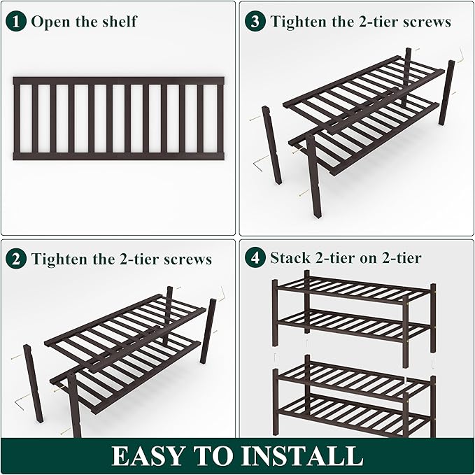 Smiry Shoe Rack, 4 Tier Thick Bamboo Shoe Organizer, Stackable Free Standing Wooden Shoe Storage Shelf for Closet, Entryway, Front Door Entrance, Brown