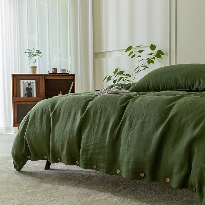 EVERLY 100% Pure Linen Duvet Cover Set Oversized King Size 120X98Inch 3pcs (1 Duvet Cover,2 Pillowcases) Soft and Breathable with Coconut Button Closure,Suitable for Hot Sleepers-Mossy Green