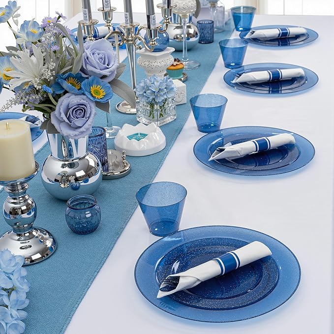 DaYammi 210PCS Cobalt Blue Glitter Plastic Dinnerware Set for 30 Guests, Fancy Disposable Plates for Party, Include: 30 Dinner Plates, 30 Dessert Plates, 30 Pre Rolled Napkins with Silverware, 30 Cups