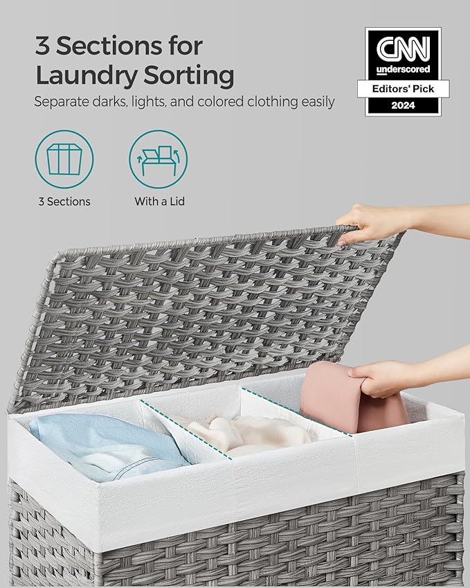 SONGMICS Laundry Hamper with Lid, 42.3 Gallons (160 L), Rolling Laundry Basket with Wheels, 3-Section Synthetic Rattan, Removable Liner, Bedroom, 27.6 x 14.2 x 26 Inches, Gray ULCB365G01
