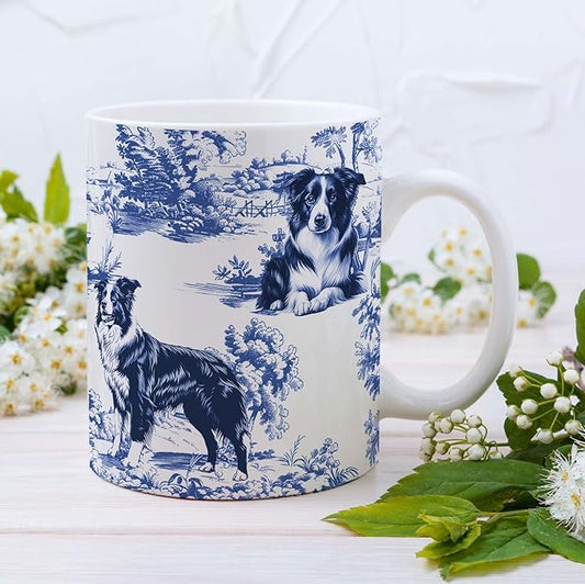 Border Collie Blue French Toile Mug, Border Collie Lover Gifts for Women, Blue Chinoiserie Toile Coffee Cup, Dog Lovers Tea Coffee Mug Birthday Gifts for Dog Owners, 11oz