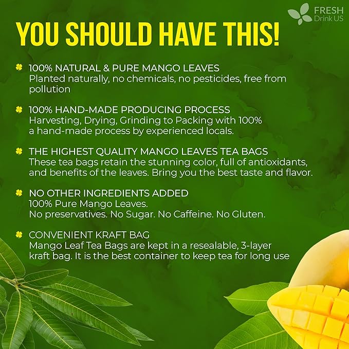 FreshDrinkUS, Premium 100 Mango Leaf Tea Bags, Hojas de Mango secas, 100% Natural & Pure, Loose Leaf Herbal Tea. Non GMO, No Sugar, No Caffeine, No Gluten, Vegan