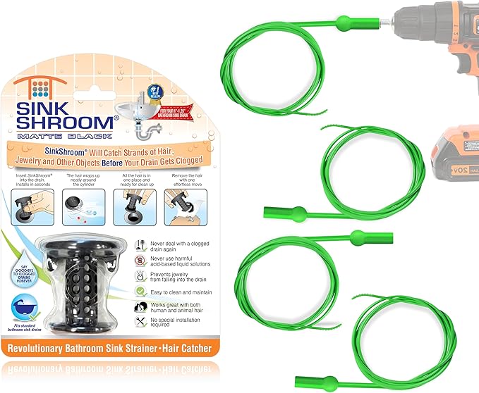 SinkShroom Hair Catcher, Matte Black Bathroom Sink Drain Protector, Hair Snare - Comes with 4 DrainShroom Toss Disposable Drain Snakes