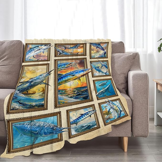 Fishing Blanket Fish Throw Blanket Cozy Plush Fleece Flannel Fishing Lover Gifts Blankets for Girls Boys Women Men 60"X50"