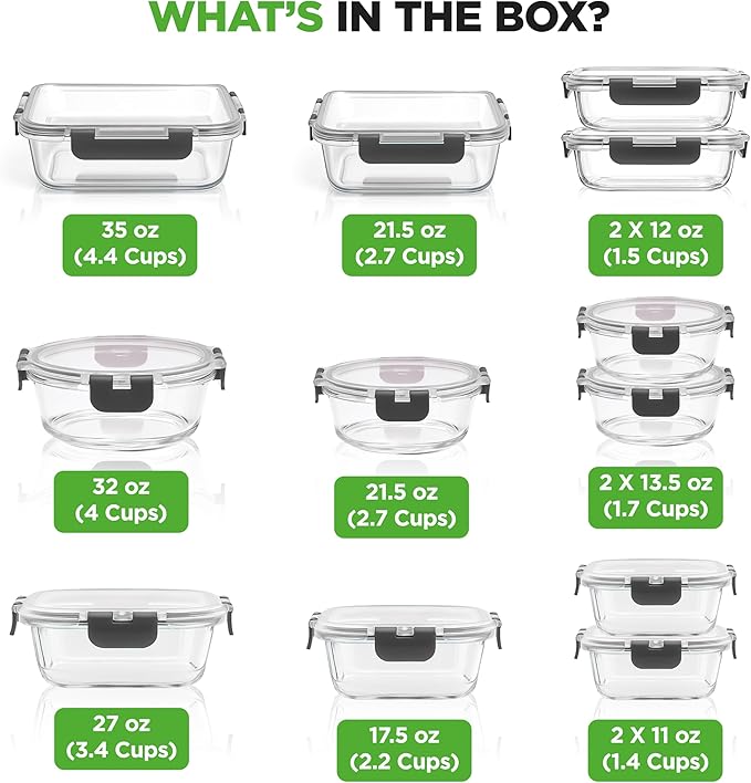 NutriChef Superior Glass Food Storage Containers - 24-Piece Stackable Glass Meal-prep Containers w/Newly Innovated Hinged BPA-Free 100% Leakproof Locking Lids - Freezer-to-Oven-Safe NCGLGY (Gray)
