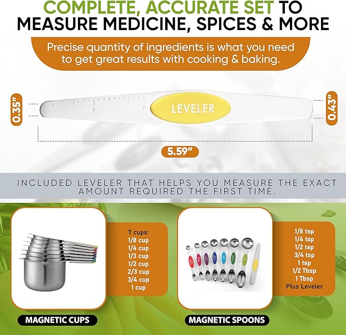 Spring Chef Magnetic Measuring Cups & Spoons Set, Patented, Strong N45 Magnets, Heavy Duty Stainless Steel Fits in Spice Jars for Baking & Cooking, BPA Free, Set of 15 with Leveler, Multicolor