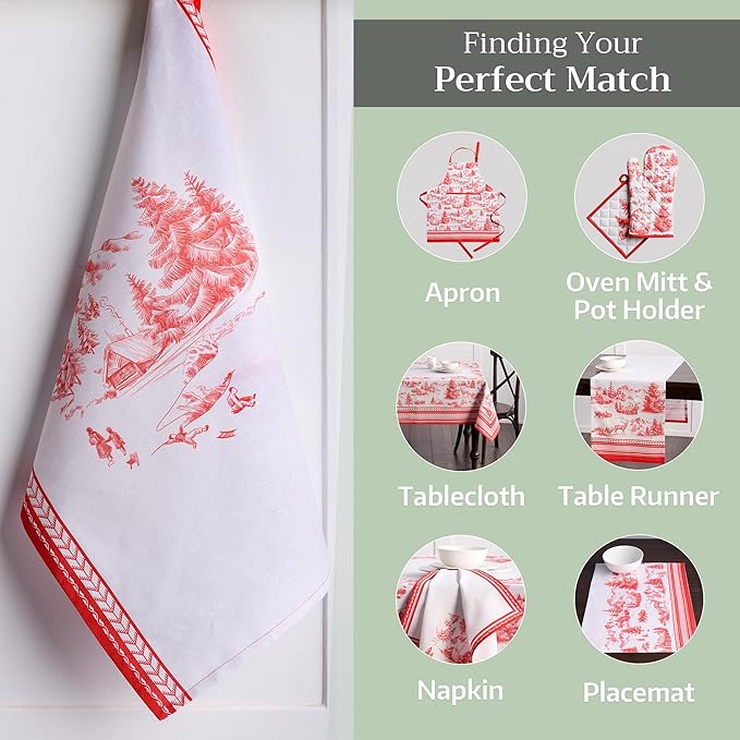 Maison d' Hermine Kitchen Towels Set of 3 100% Cotton 20" x 27.5" Reusable Cloth Tea Dish Towels Absorbent with Hanging Loop for Kitchen Dining Thanksgiving Christmas Decorations (Winter Jouy)