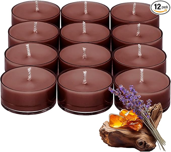 PartyLite Tea Lights Candles, Amber and Smoked Patchouli with Lavender Scent, Gift Set of 12, Aromatherapy with up to 4 to 6 Hours Burn Time, Ideal for Home Decor, Holiday Gifting & Celebration