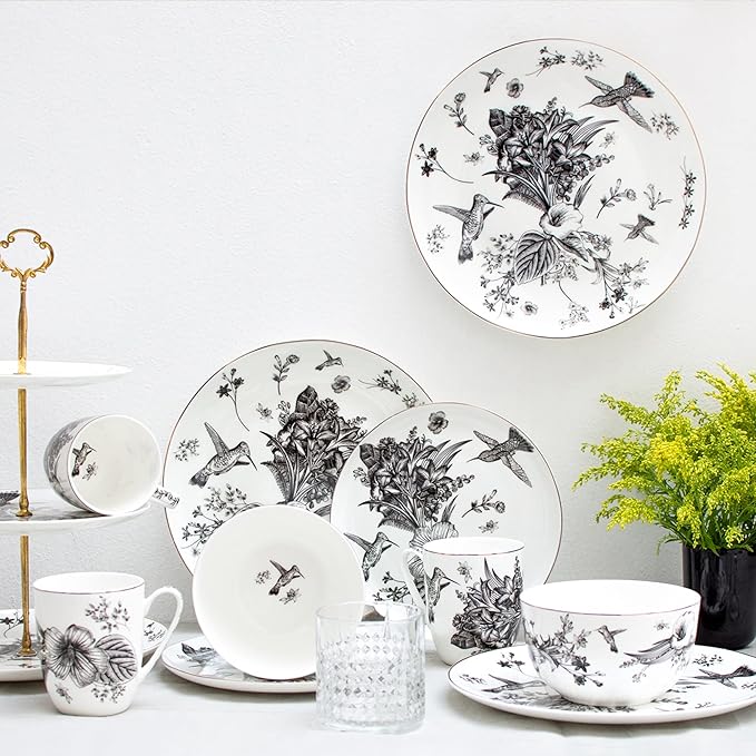 Botanic Plates and Bowls Sets Dishes Set for 4, Ceramic Plates and Bowls Set, Service for 4, Bone China Dinnerware Set Salad Dessert Plates, and Cereal Bowls Set, Microwave safe by KOKEN