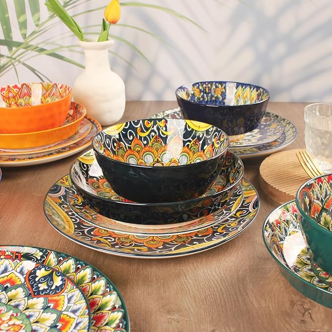 Mandala Dinnerware Sets (16 PCS) Serves for 4, Porcelain Dishes Set, Microwave and Dishwasher Safe, Scratch Resistant, Bohemian Style Dining Ware Service for 4, Colorful No.1