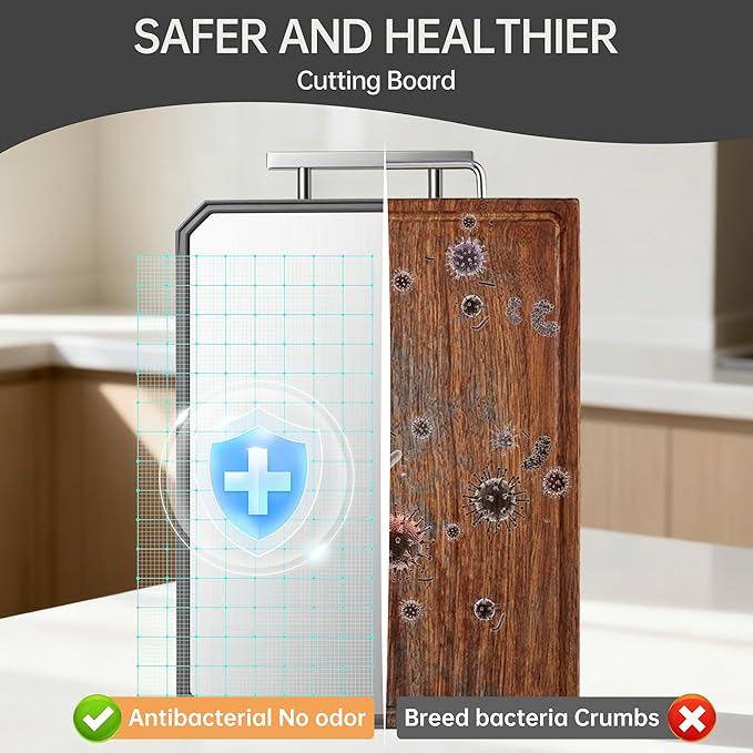 Stainless Steel Cutting Board, Double Sided Stainless Steel/Wheat straw pp Cutting Boards for kitchen, Large Chopping Board with Handle for Meat and Kitchen, 16.7”×10.4”