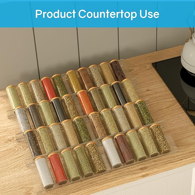 Expandable Acrylic Spice Drawer Organizer – 4-Tier Clear Seasoning Rack Insert for Kitchen Drawers, Adjustable from 9" to 18", Fits Most Spice Jars (Jars Not Included) 8-Pack