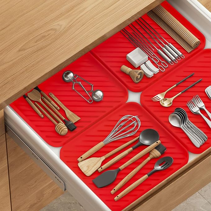 Silicone Organizer Tray for Kitchen Sink and Bathroom, Dishwasher Tray, Versatile Bathroom and Drawer Organizer Trays, Non-Slip Countertop (Red)