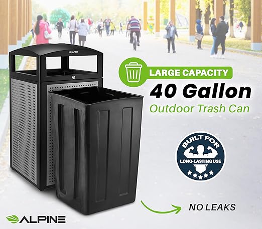 Alpine 40-Gallon Outdoor Commercial Trash Can with Ashtray & Locking Lid – Heavy-Duty Cigarette Disposal Bin with Removable Liner for Parks, Hotels & High-Traffic Outdoor Areas - Black & Grey