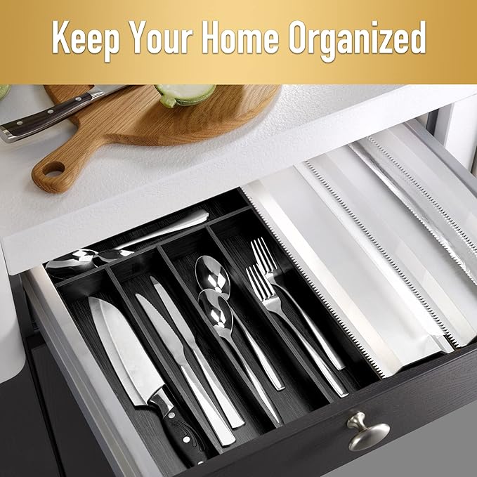 Bamboo Silverware Holder - Drawer Organizer with 5 Slots (Black)