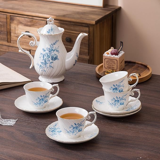 tea cups and saucers ceramic coffee mug 6oz for Coffee, Latte, Cafe Mocha and Tea-Set of 4,Blue