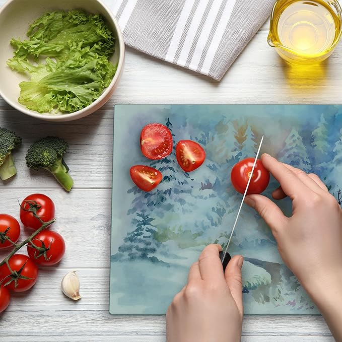 Ambesonne Winter Cutting Board, Watercolor Painting Interpretation of a Snowy Scene and Blurred Pattern, Decorative Tempered Glass Cutting and Serving Board, Large Size, Soft Blue