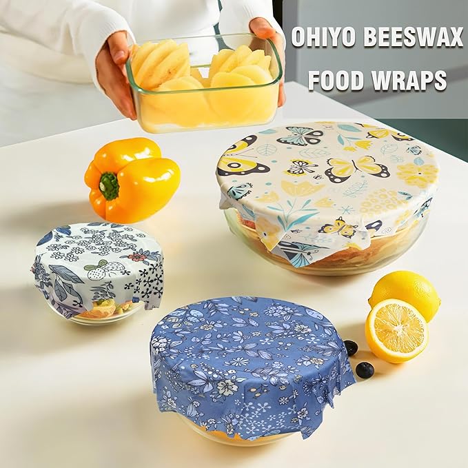OHIYO Reusable Beeswax Wrap for Food, 9 Pack Organic Cotton Beeswax Papers (1XL + 3M + 5S), Bread Sandwich Wrapper, Suitable for Bowls, Fruits, Cheese, Hamburgers