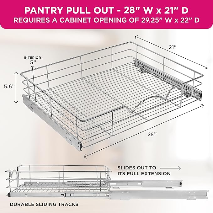 HOLDN’ STORAGE Heavy-Duty Premium Collection Pull Out Cabinet Organizer, Cabinet Drawer Slide Outs, Lifetime Limited Warranty - Basket Size 28" W x 21" D x 5" H, Anti-Rust Chrome Finish