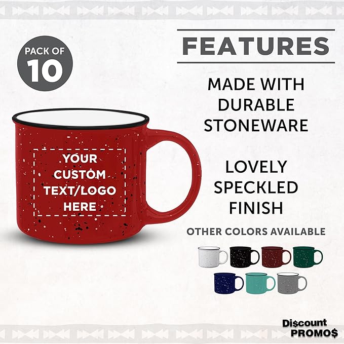 DISCOUNT PROMOS Custom Ceramic Campfire Coffee Mugs 13 oz. Set of 10, Personalized Bulk Pack - Perfect for Tea, Espresso, Cappuccino, Hot Cocoa - Red
