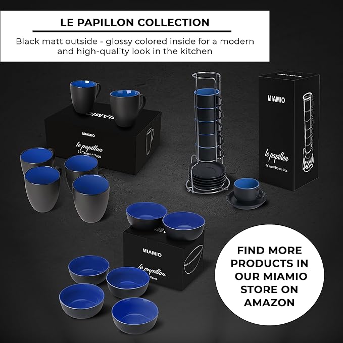 MIAMIO - 2.5 oz Espresso Cup Set with Saucers Coffee Mug Set of 6 - Ceramic Coffee Mug Stackable Espresso Mug with Stand for Coffee Drinks, Latte, Cafe Mocha - Le Papillon Collection (Blue)
