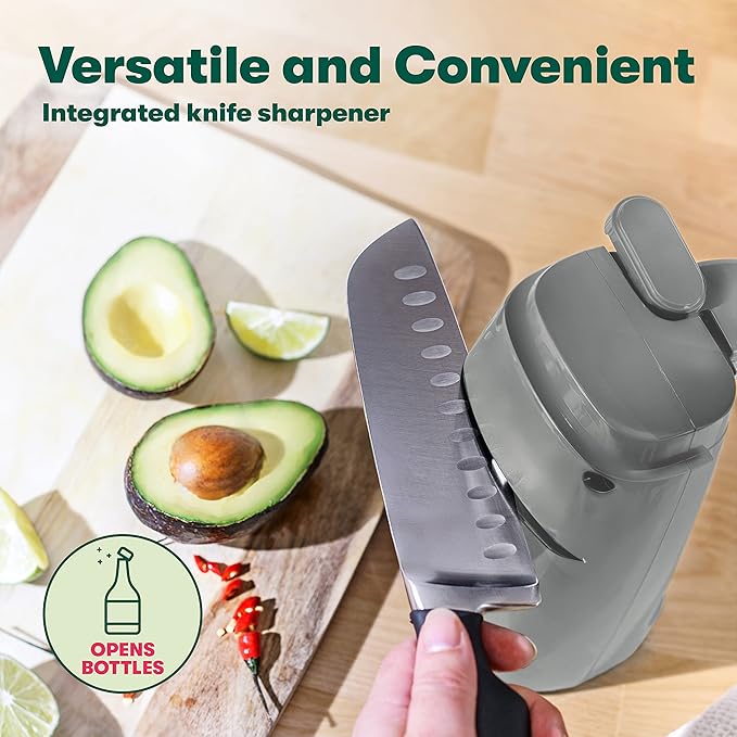 bella Electric Can Opener and Knife Sharpener, Multifunctional Bottle Opener with Removable Cutting Lever and Cord Storage, Stainless Steel Blade, Gray