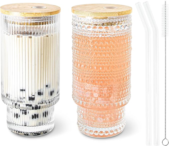 16oz Drinking Glasses Cups Set of 2 with Bamboo Lids Straws Brush Vintage Glassware Set for Mojito Iced Coffee Beer Cocktail Whiskey(Ribbed & Hobnail)